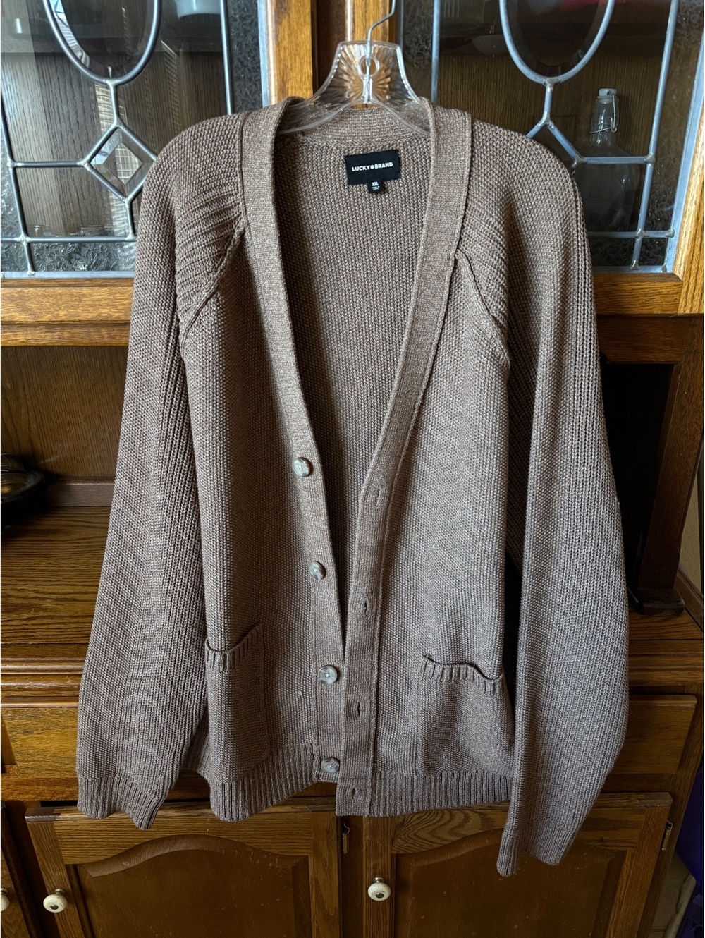Lucky Brand Mens XXL Brown Textured Knit Cardigan Sweater Button Front Pockets